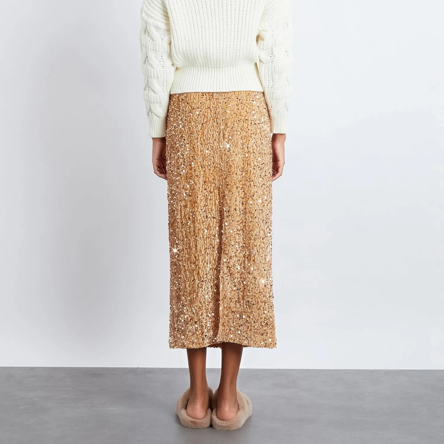 Women's Sequin Midi Skirt Elastic High Waist Slit Pencil Skirt Sexy Slim Cocktail Party Club Night Out Long Skirts