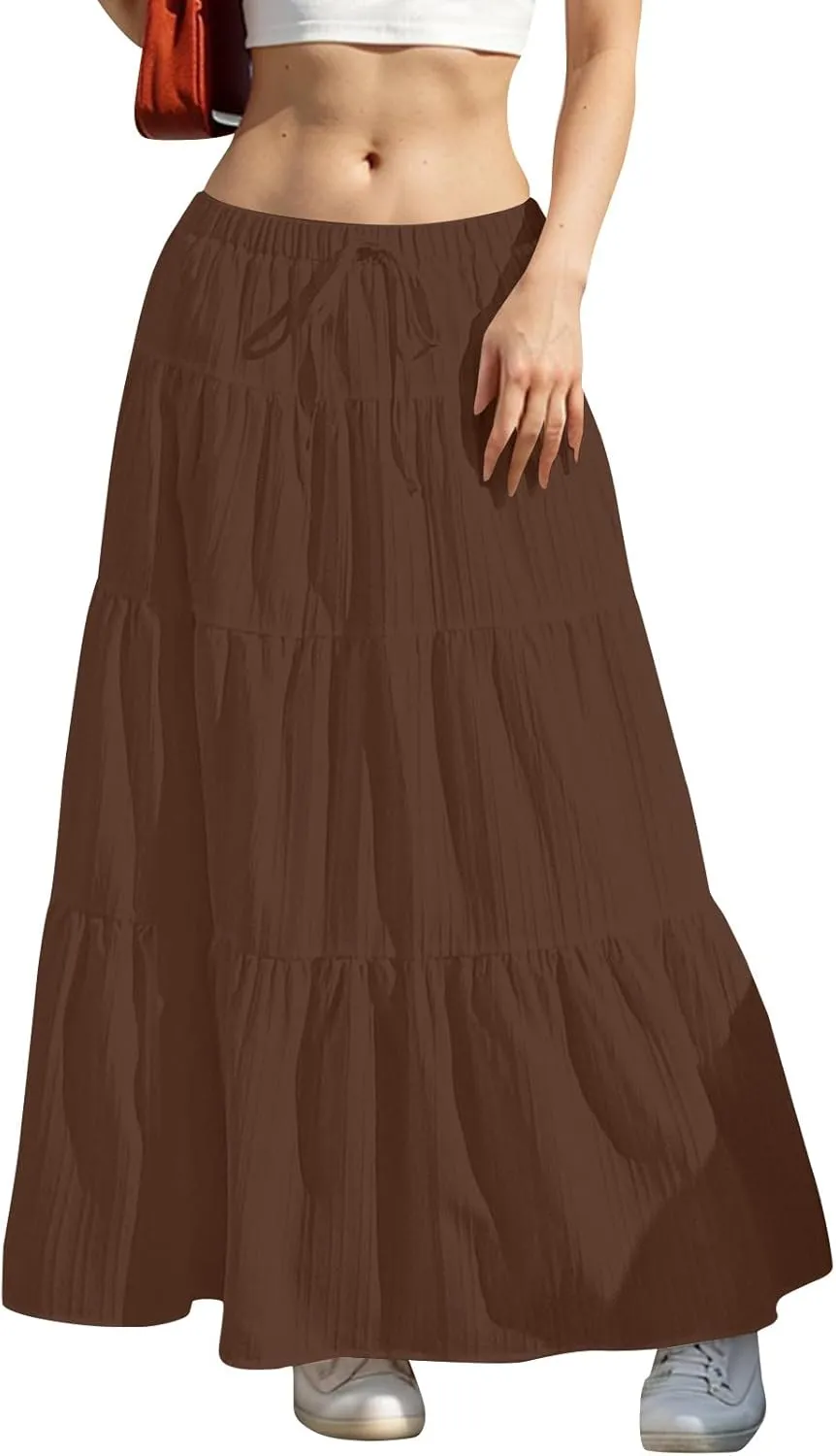 Women's Summer Boho Maxi Skirt Tiered Ruffle A-Line 2025 Fashion Elastic High Waist Skirts Pleated Swing Beachwear