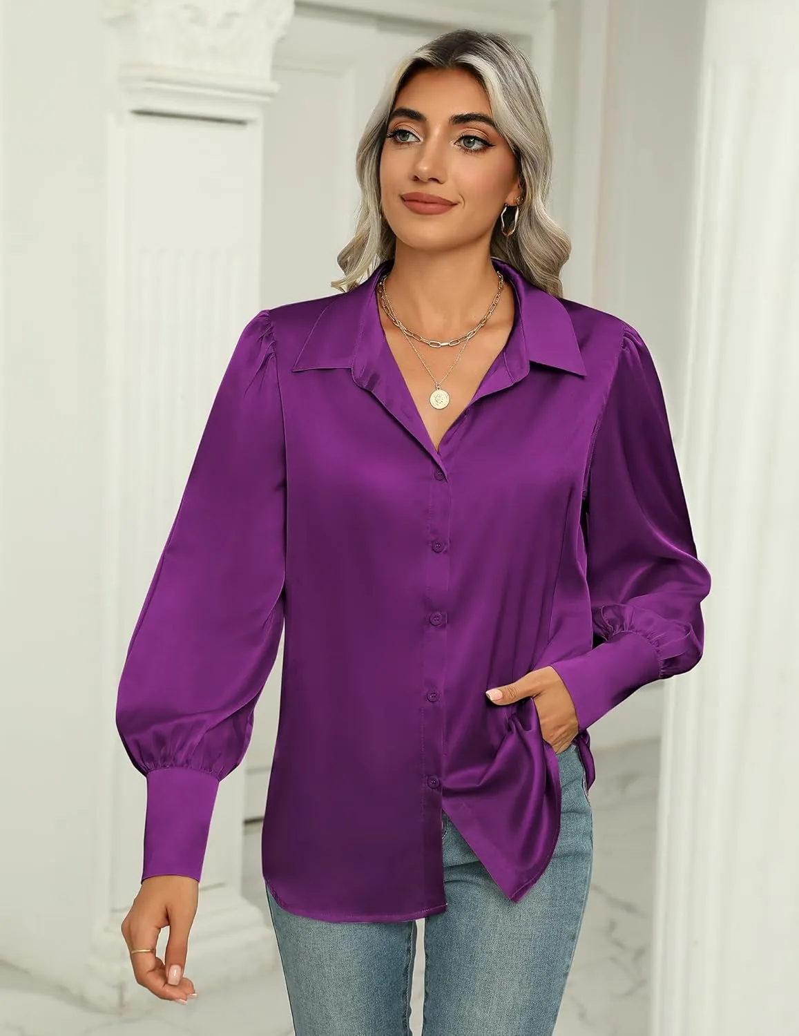 Zeagoo Womens Satin Blouse Lantern Long Sleeve Silk Button Down Shirt Dressy Casual Business Work Tunic Tops