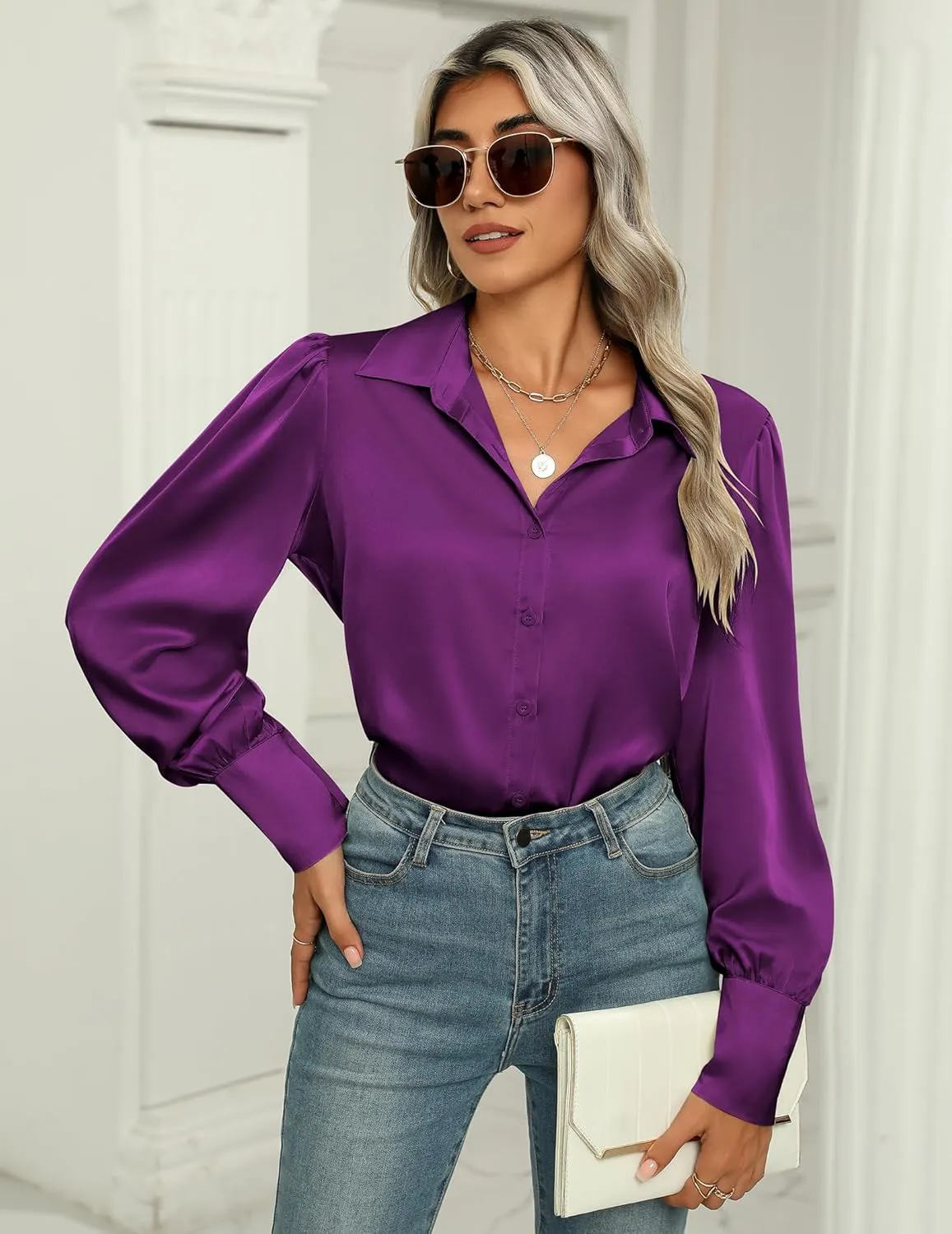 Zeagoo Womens Satin Blouse Lantern Long Sleeve Silk Button Down Shirt Dressy Casual Business Work Tunic Tops