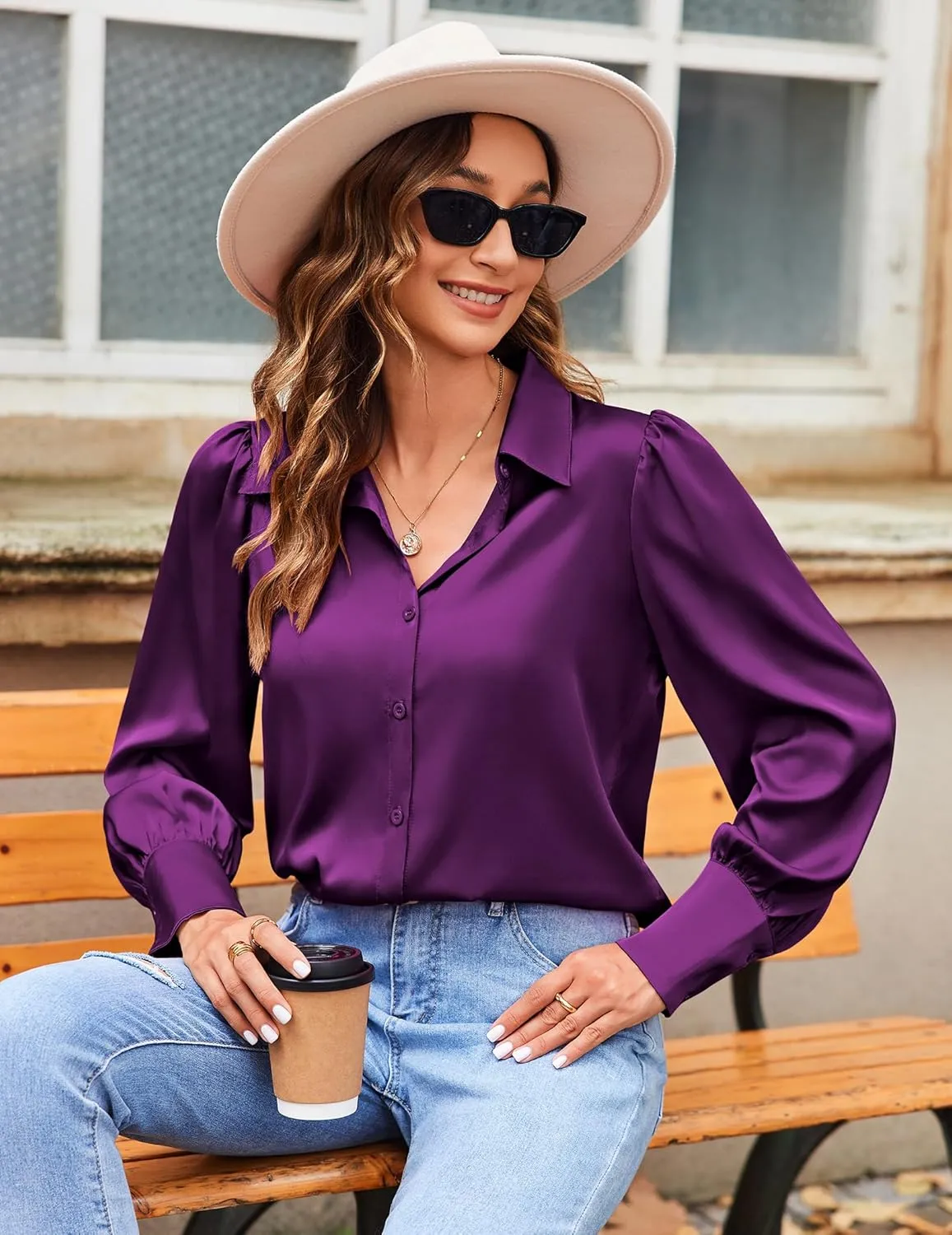 Zeagoo Womens Satin Blouse Lantern Long Sleeve Silk Button Down Shirt Dressy Casual Business Work Tunic Tops