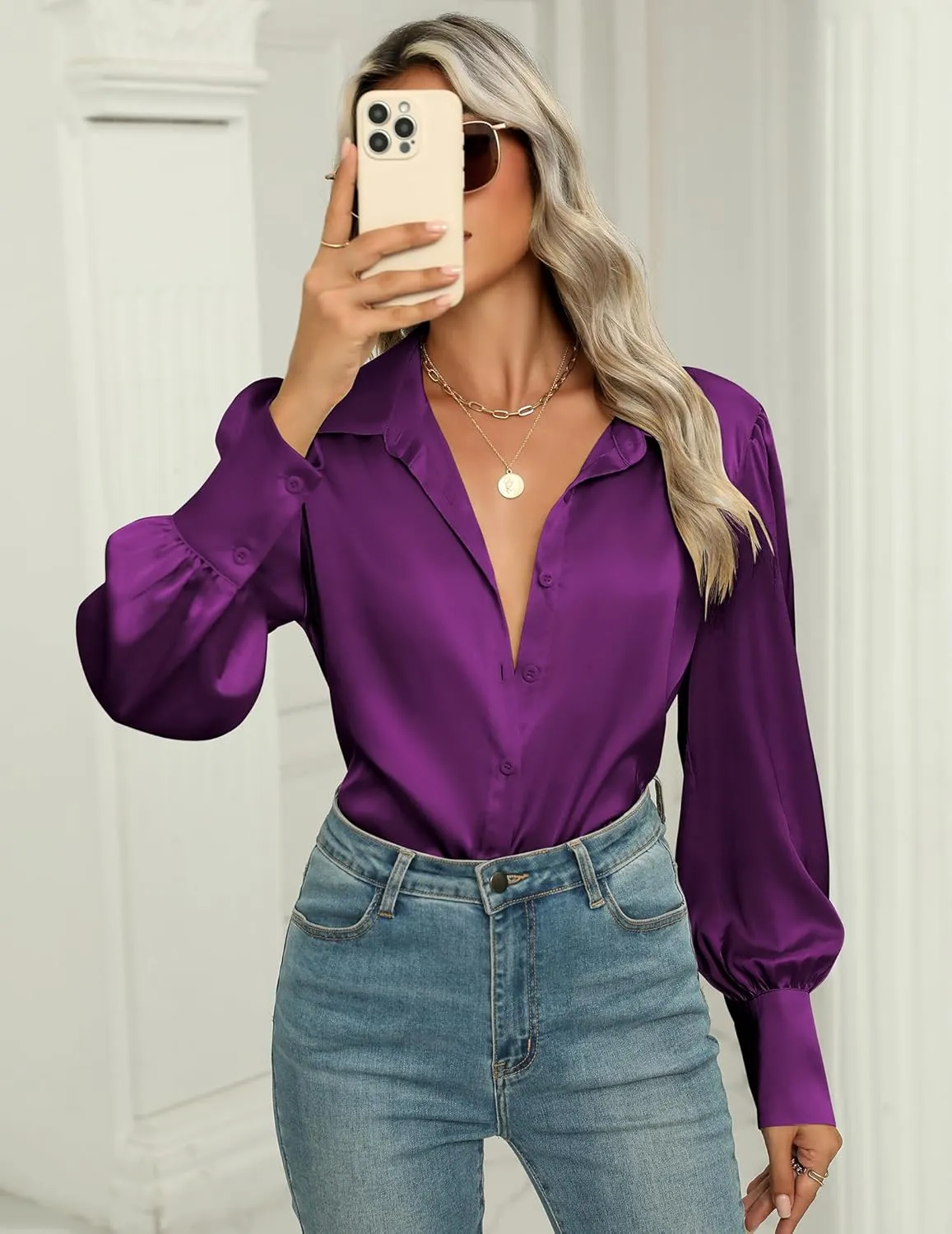 Zeagoo Womens Satin Blouse Lantern Long Sleeve Silk Button Down Shirt Dressy Casual Business Work Tunic Tops