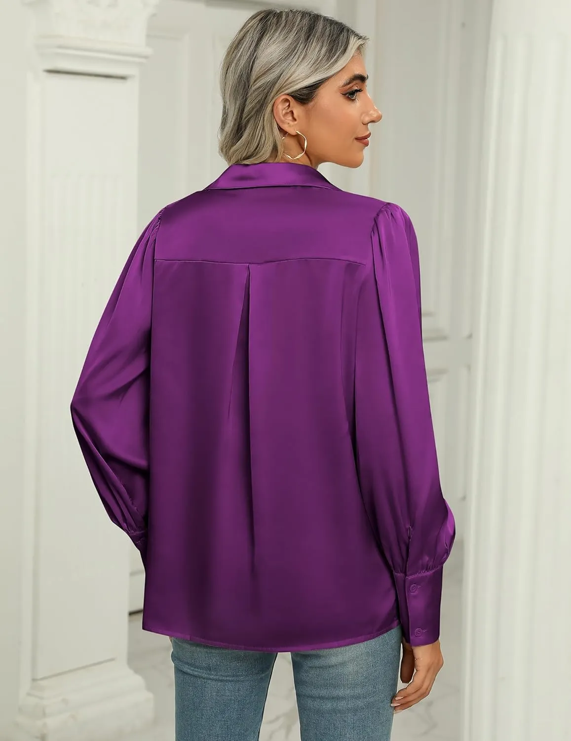 Zeagoo Womens Satin Blouse Lantern Long Sleeve Silk Button Down Shirt Dressy Casual Business Work Tunic Tops